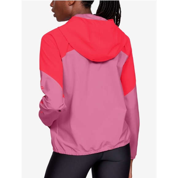 Under Armour Jacket Windbreaker Small Pink Orange Zip Up Loose Fit Hooded Pit to - Picture 4 of 13